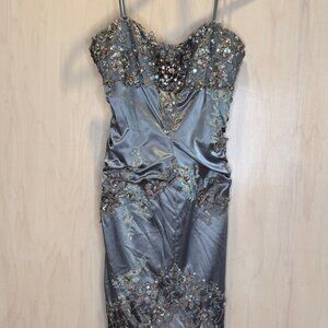 Mandalay Blue Satin Lace & Sequin Form Fitting Vintage Dress Size 8